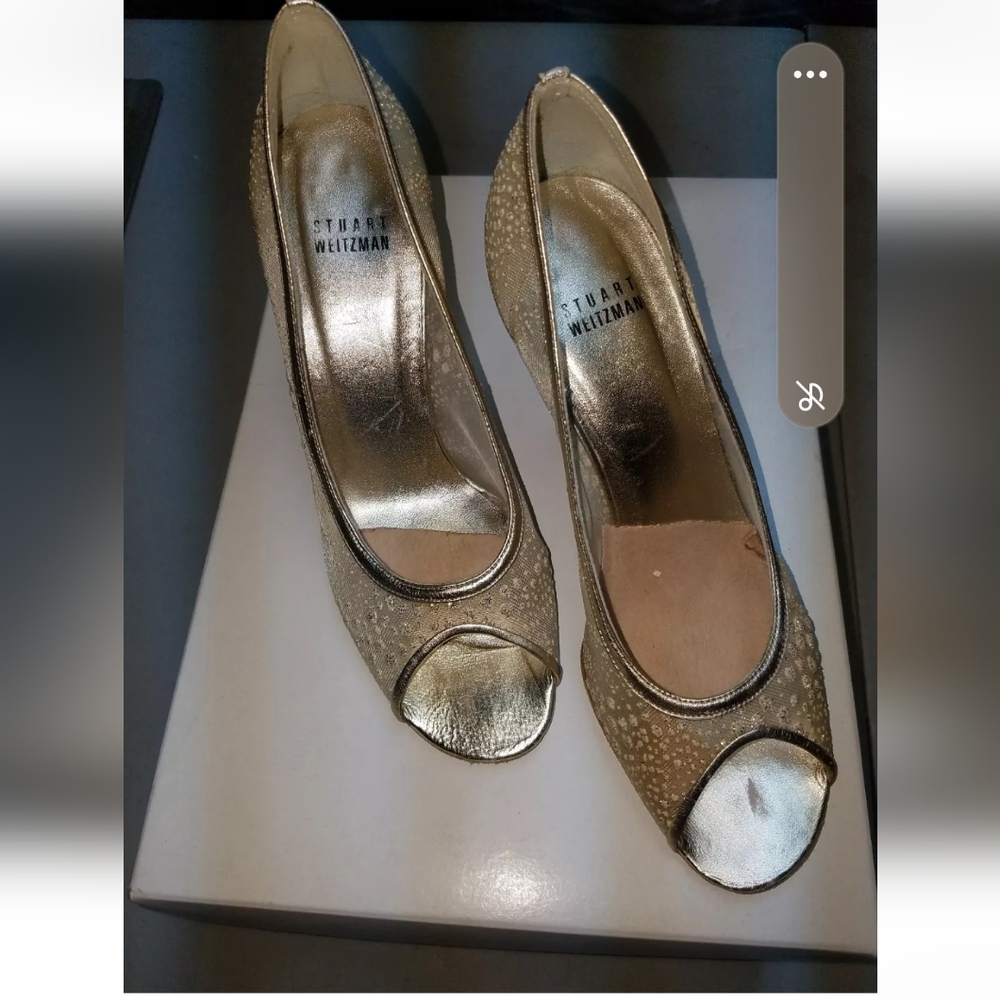 Stuart Weitzman 'Lingerie' Pump Gold Sprinkle Mesh SZ 7.5M